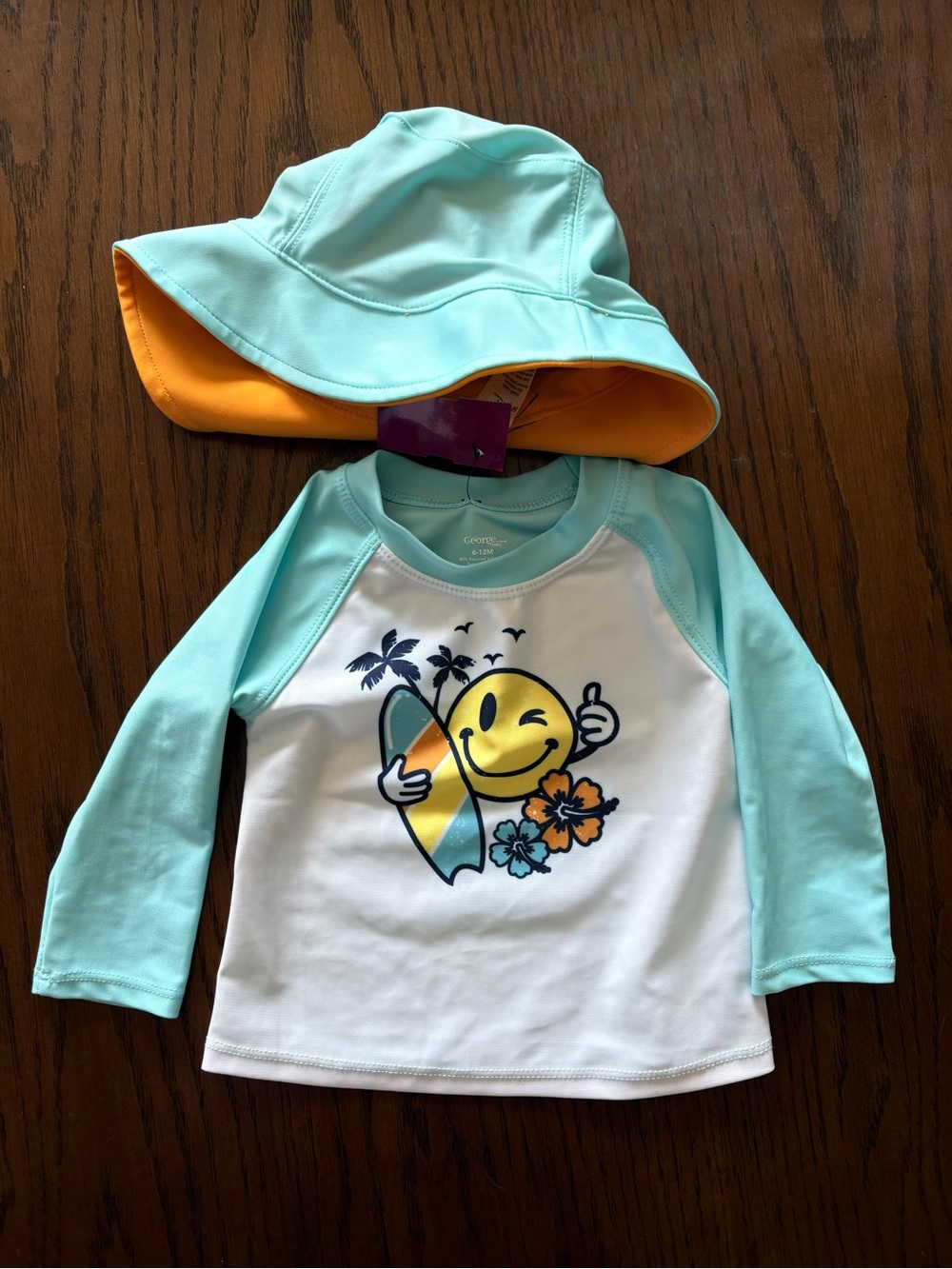 George Mint & White Long-Sleeve Rash Guard Set with Yellow Lined Hat